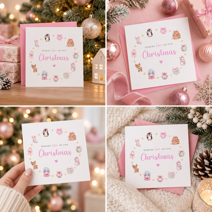 Pastel Pink Christmas Card for Girls – Cute Animals & Festive Xmas Design