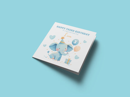 Personalised 3 Years Old 3rd Birthday Card for Toddler Boy – Blue Elephant Design with Custom Name & Message - Age 3 Year Old Birthday Card for Little One, Son, Grandson, Nephew with Blue Envelope