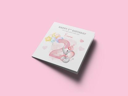 Personalised Two Years Old 2nd Birthday Card for Toddler Girl – Elephant Design with Custom Name and Message - Two-Year-Old Birthday Card for Daughter, Granddaughter, Niece – Pink Envelope Included