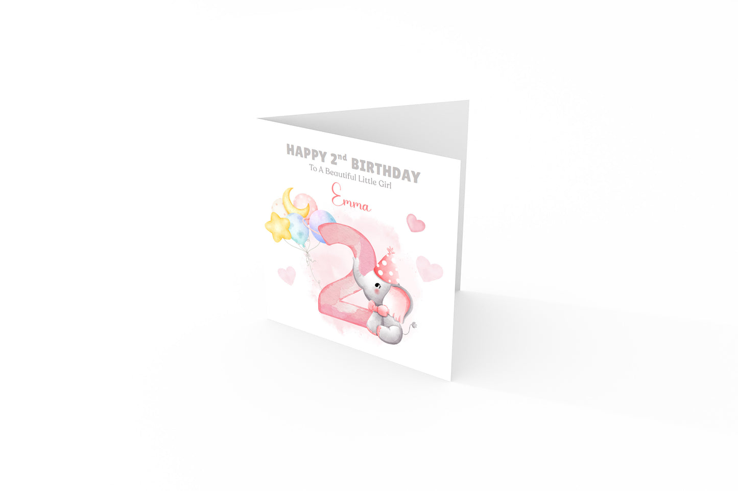Personalised Two Years Old 2nd Birthday Card for Toddler Girl – Elephant Design with Custom Name and Message - Two-Year-Old Birthday Card for Daughter, Granddaughter, Niece – Pink Envelope Included