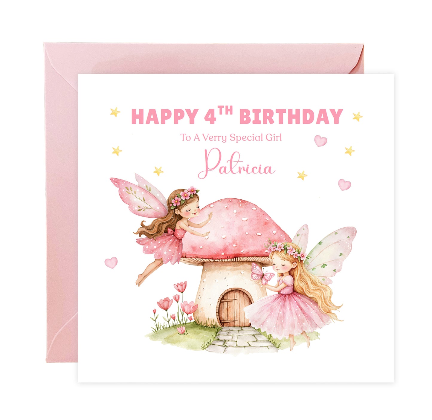 Personalised 4th Birthday Card for Girls – Pink Fairy Design with Custom Name and Message – Age 4 Years Old Birthday Card for Girls, Kids, Daughter, Granddaughter, Niece – Pink Envelope Included