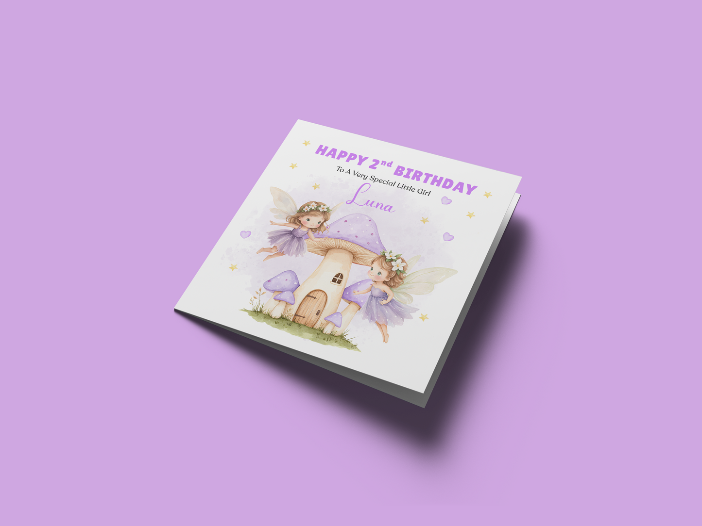 Personalised 2 Years Old 2nd Birthday Card for Toddler Girl – Cute Fairy Design  Design with Custom Name & Message - Two years old Birthday Card for Daughter, Granddaughter, Niece with Purple Envelope