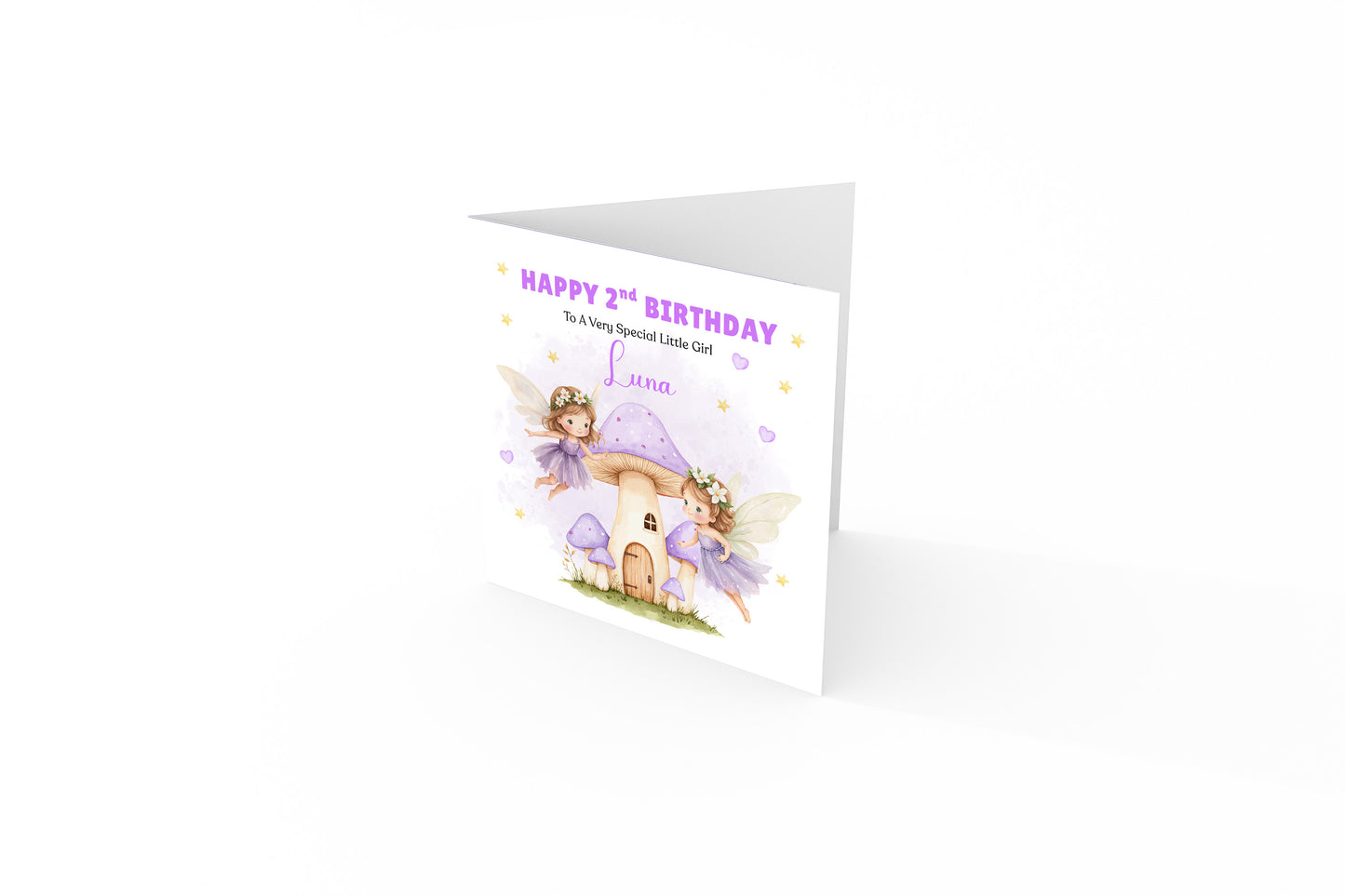 Personalised 2 Years Old 2nd Birthday Card for Toddler Girl – Cute Fairy Design  Design with Custom Name & Message - Two years old Birthday Card for Daughter, Granddaughter, Niece with Purple Envelope