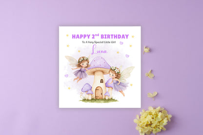 Personalised 2 Years Old 2nd Birthday Card for Toddler Girl – Cute Fairy Design  Design with Custom Name & Message - Two years old Birthday Card for Daughter, Granddaughter, Niece with Purple Envelope