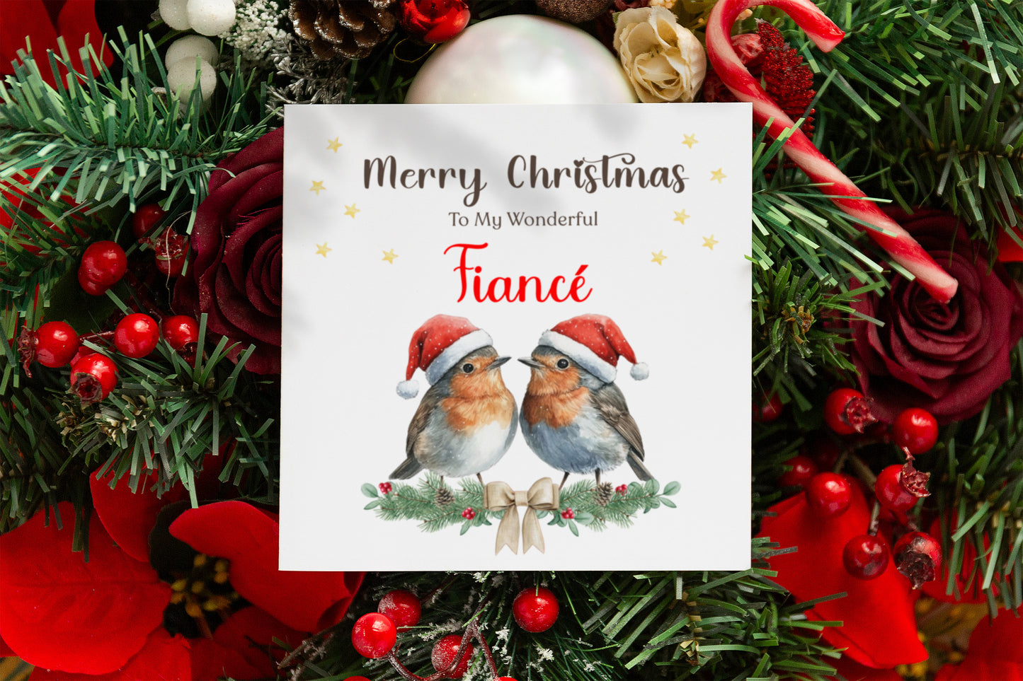 Robin Couple Christmas Card – 6 Options Available: Boyfriend, Girlfriend, Husband, Wife, Fiancé & Fiancée – Love Birds Merry Christmas Card - Red Envelope Included