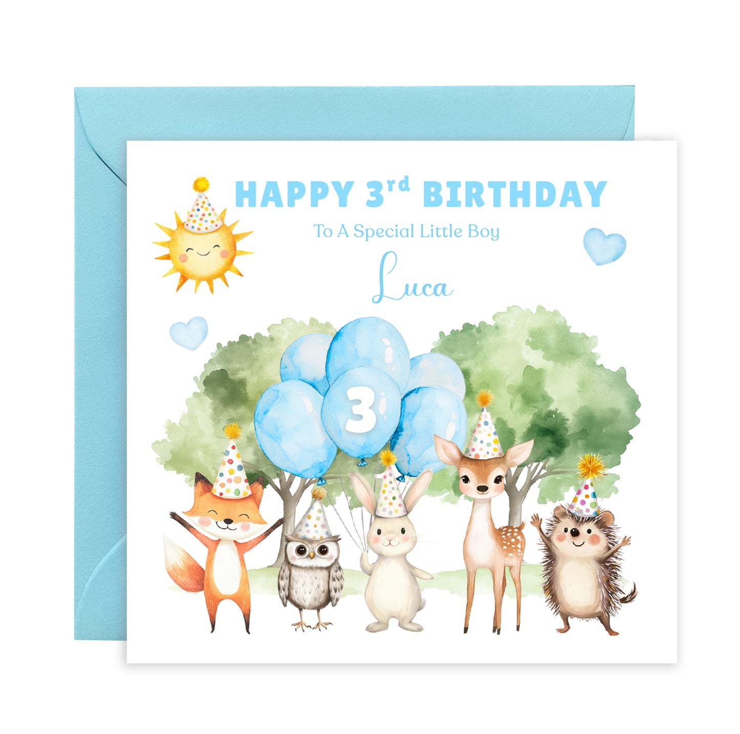 Personalised 3 Years Old 3rd Birthday Card for Toddler Boy – Woodland Animal Design with Custom Name & Message - Age 3 Year Old Birthday Card for Son, Grandson Nephew with Blue Envelope
