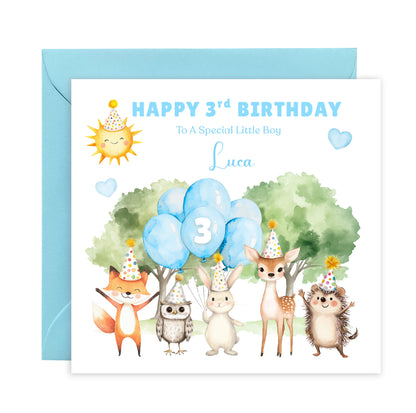 Personalised 3 Years Old 3rd Birthday Card for Toddler Boy – Woodland Animal Design with Custom Name & Message - Age 3 Year Old Birthday Card for Son, Grandson Nephew with Blue Envelope