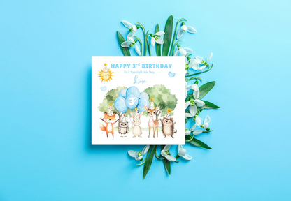 Personalised 3 Years Old 3rd Birthday Card for Toddler Boy – Woodland Animal Design with Custom Name & Message - Age 3 Year Old Birthday Card for Son, Grandson Nephew with Blue Envelope
