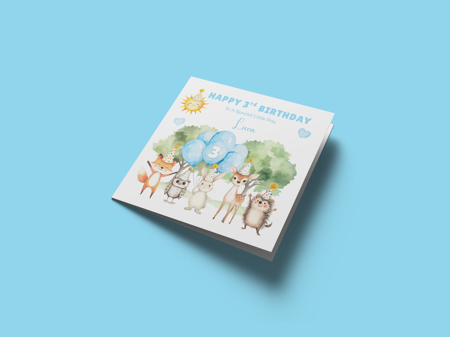 Personalised 3 Years Old 3rd Birthday Card for Toddler Boy – Woodland Animal Design with Custom Name & Message - Age 3 Year Old Birthday Card for Son, Grandson Nephew with Blue Envelope