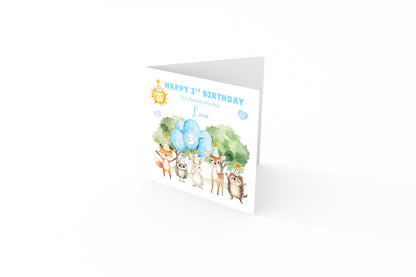 Personalised 3 Years Old 3rd Birthday Card for Toddler Boy – Woodland Animal Design with Custom Name & Message - Age 3 Year Old Birthday Card for Son, Grandson Nephew with Blue Envelope