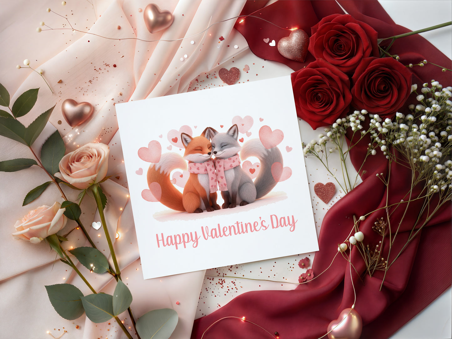 Valentine’s Day Card with Cute Foxs Design –Sweet Romantic Valentine’s card for Loved Ones, Wife, Husband, Boyfriend, Girlfriend, Fiance, Fiancee - for Him or Her - Pink Envelope Included