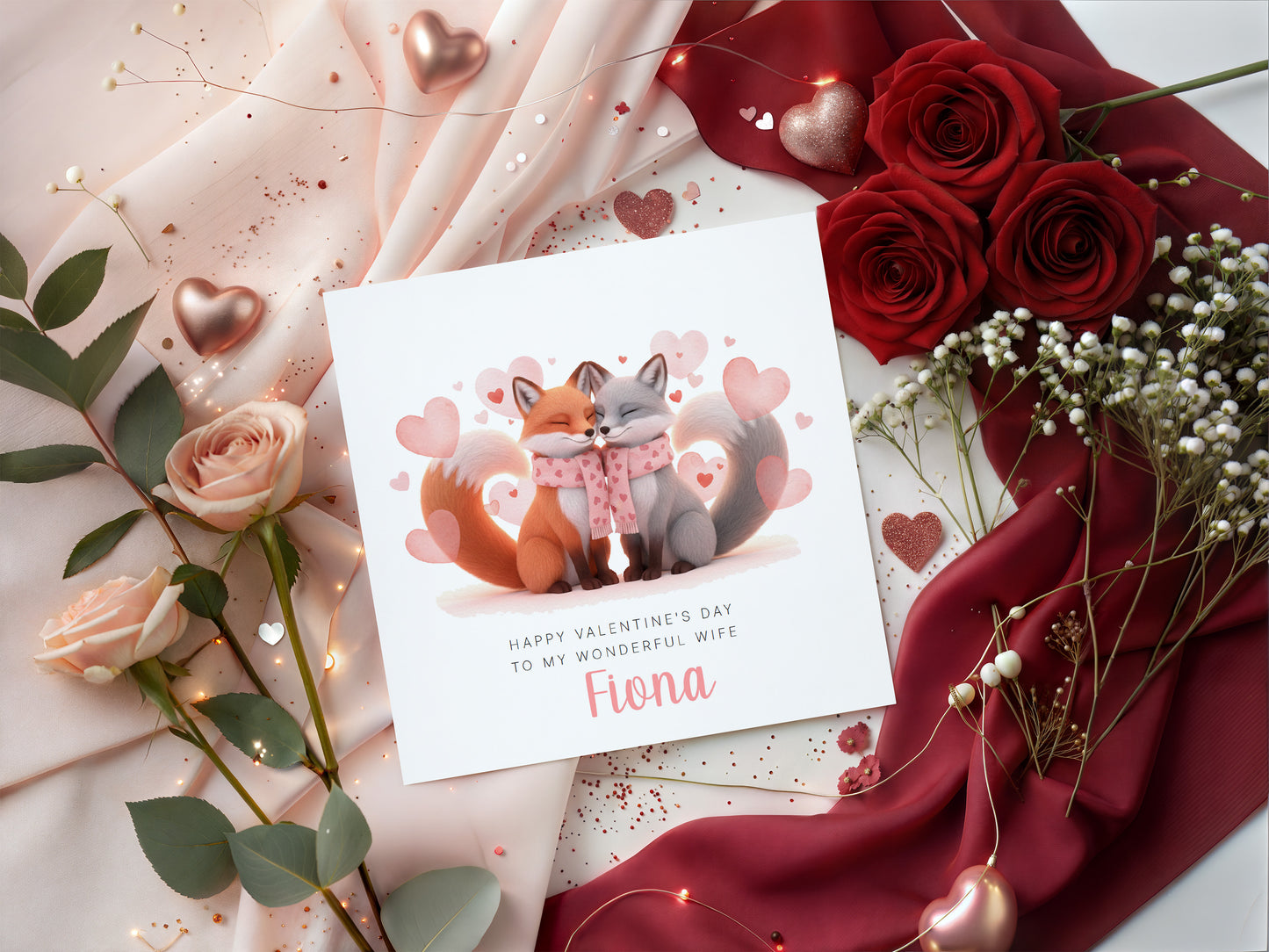 Personalised Happy Valentine’s Day Card with Cute Foxs Design for Loved Ones, Wife, Husband, Boyfriend, Girlfriend, Fiance, Fiancee - Custom Message and Name for Him or Her - Pink Envelope Included