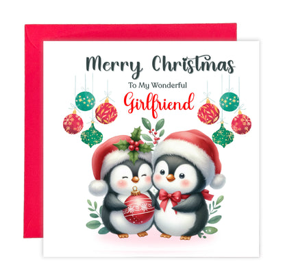 Cute Penguin Couple Merry Christmas Card – Penguins Xmas Card for Him or Her  – 6 Options Available: Boyfriend, Girlfriend, Husband, Wife, Fiancé & Fiancée – Red Envelope Included