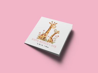 Happy Mother’s Day Card To The No. 1 Mum for Her, Mummy, Mama, Mum, Mother to be, Grandma from Children, Son & Daughter – Adorable Giraffe Mummy & Kid Design - Pink Envelope Included