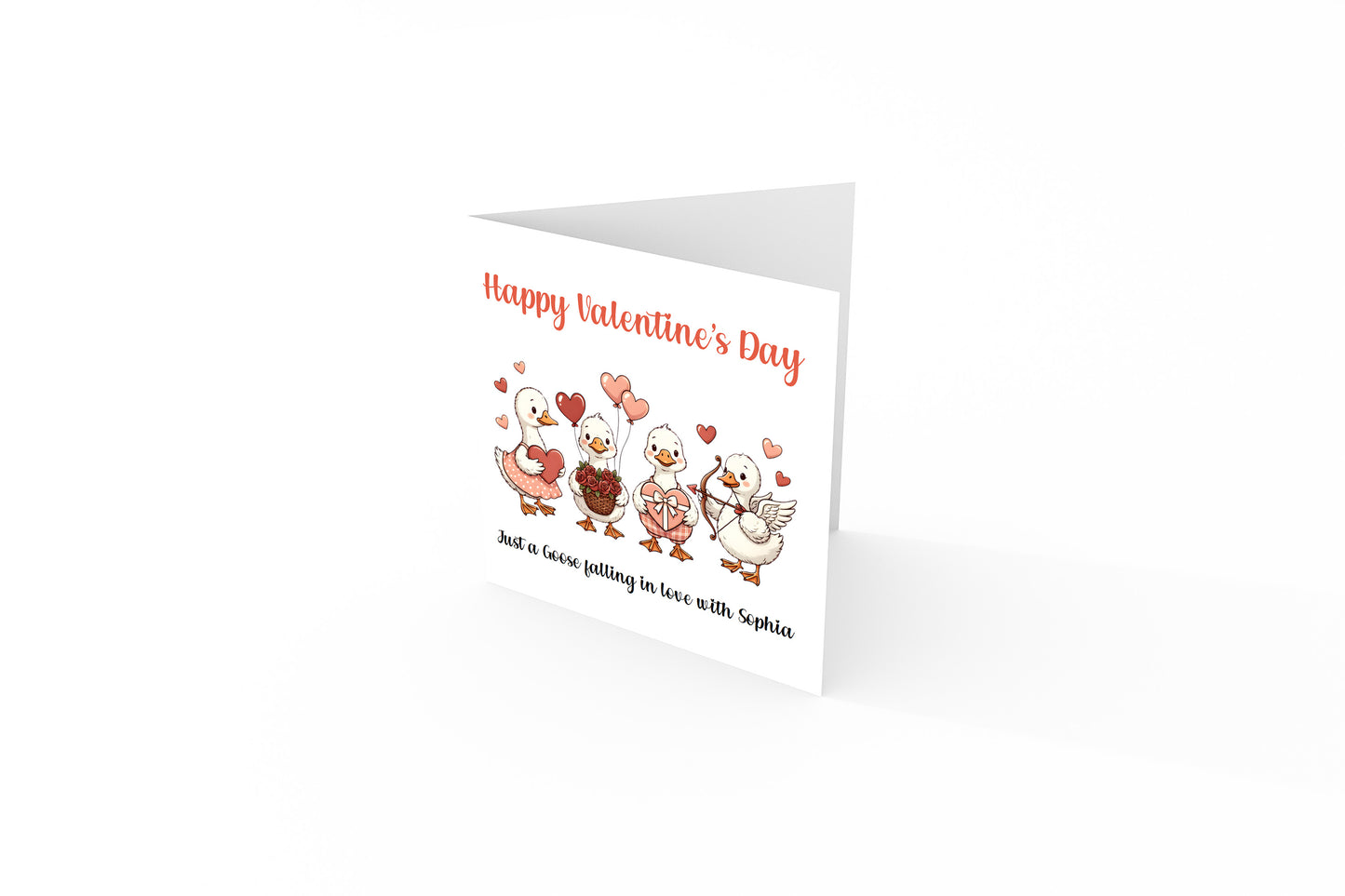 Personalised Funny Happy Valentine’s Day Card with Adorable Goose Design for Loved Ones, Wife, Husband, Boyfriend, Girlfriend, Partner etc - Custom Name for Him or Her - Pink Envelope Included