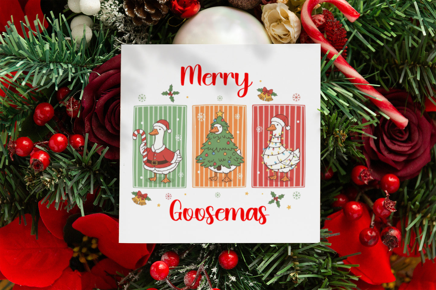 Merry Goosemas Christmas Card – Funny Goose Pun Xmas Card for Friends & Family, for Him, Her, Kids, Co-Workers –  Red Envelope Included