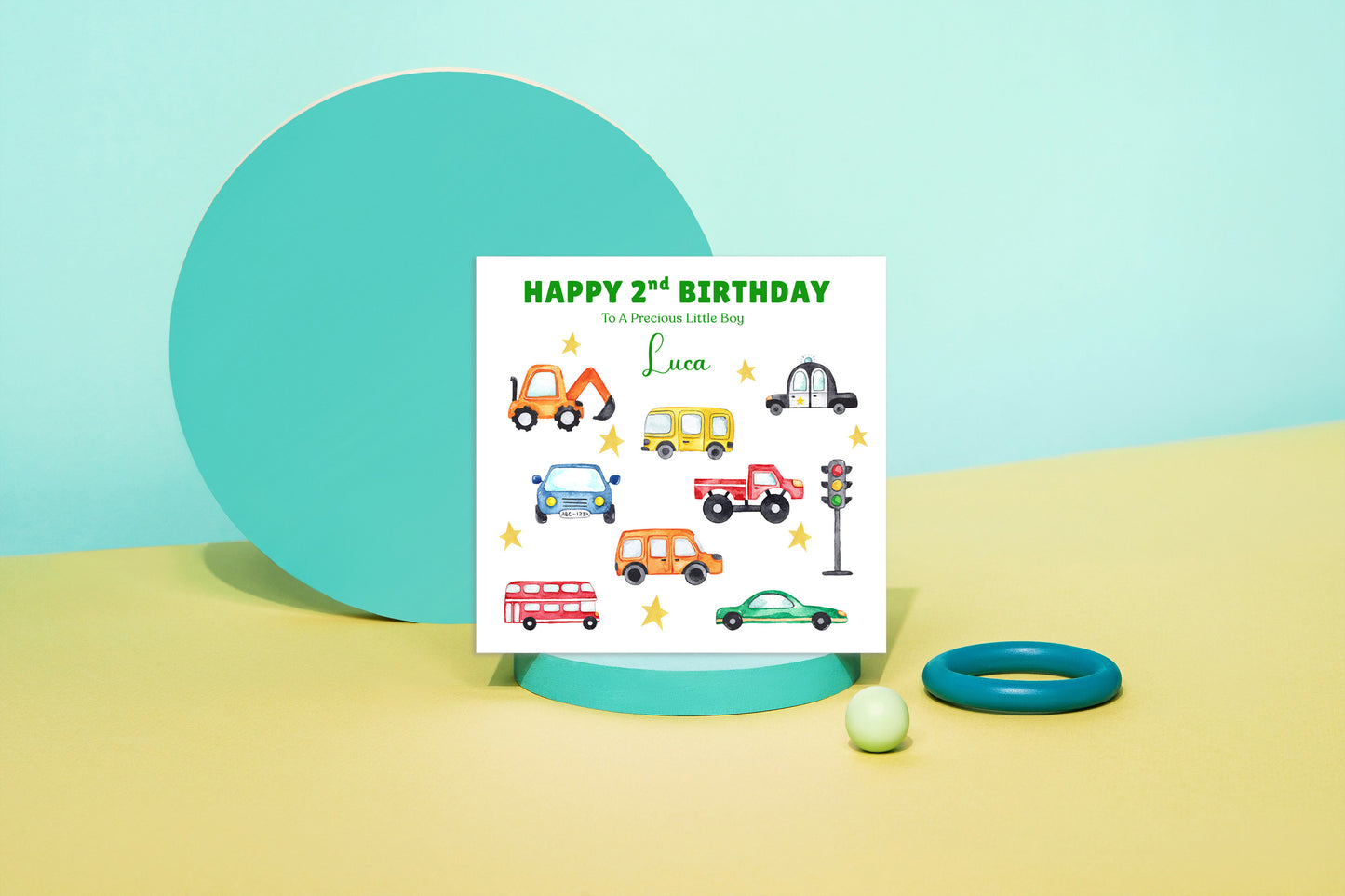 Personalised Two Years Old 2nd Birthday Card for Boy – Custom Name & Message – Cute Cars Design - Kids Birthday Card for Two-Year-Old Toddler Boys, Son, Nephew, Grandson (Blue or Green)