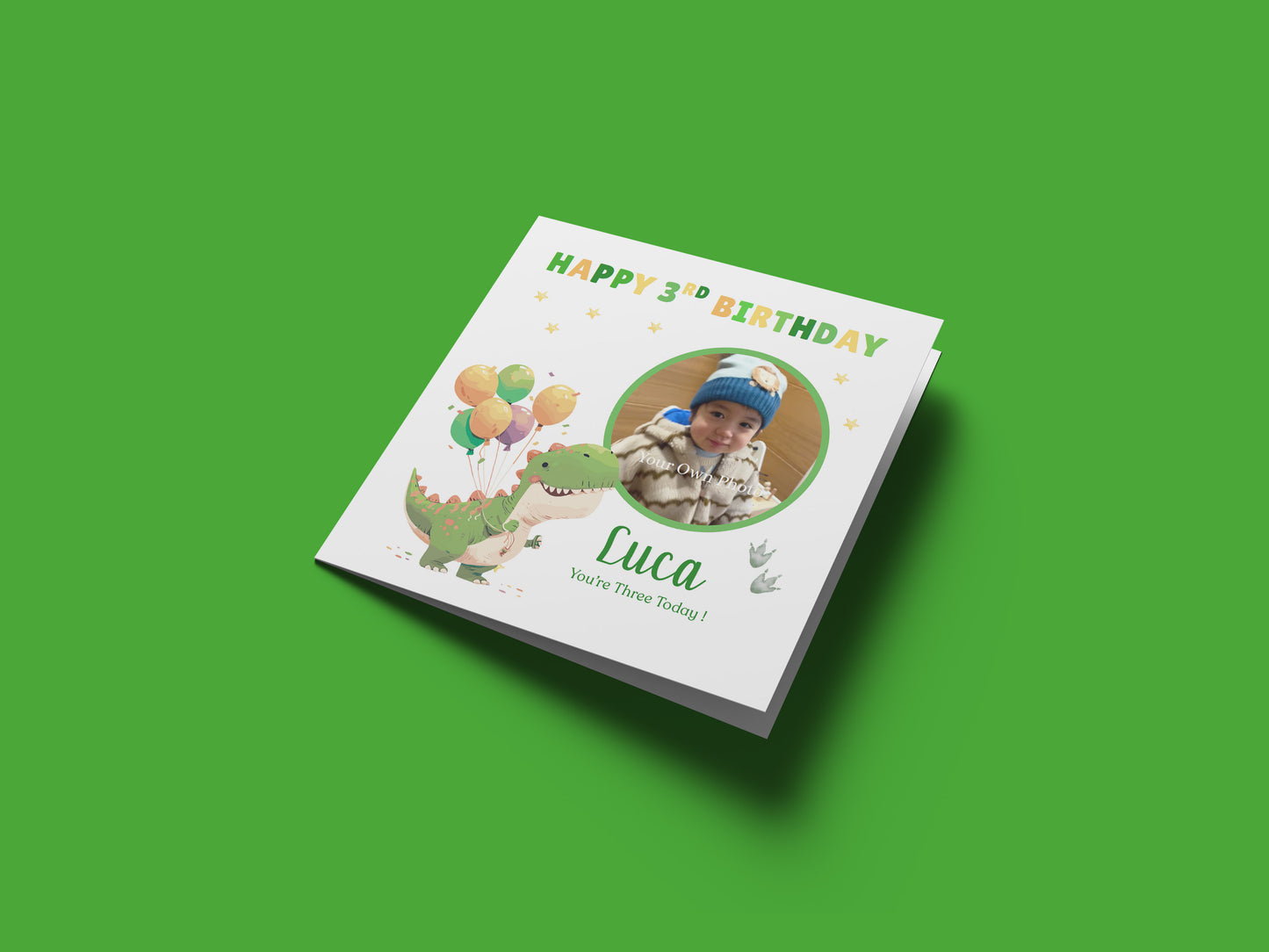 Personalised Photo 3rd Birthday Card for Toddler Boy –  Green T-Rex with Custom Photo and Name, Age 3 Years Old Happy Birthday Card for Son, Grandson, Nephew –  Green Envelope Included