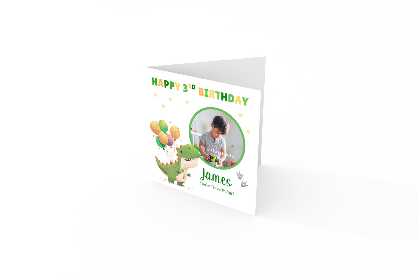 Personalised Photo 3rd Birthday Card for Toddler Boy –  Green T-Rex with Custom Photo and Name, Age 3 Years Old Happy Birthday Card for Son, Grandson, Nephew –  Green Envelope Included