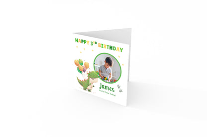 Personalised Photo 3rd Birthday Card for Toddler Boy –  Green T-Rex with Custom Photo and Name, Age 3 Years Old Happy Birthday Card for Son, Grandson, Nephew –  Green Envelope Included