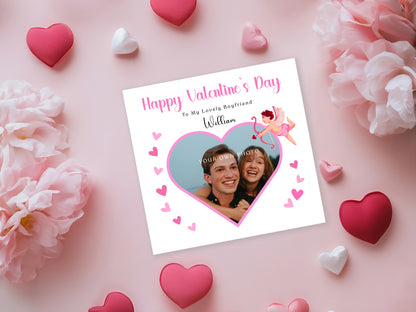 Personalised Photo Valentine’s Day Card for Loved Ones, Wife, Husband, Boyfriend, Girlfriend – Heart with Cupid Design - Custom Message, Photo & Name – Valentine Card for Him or Her with Pink Envelope