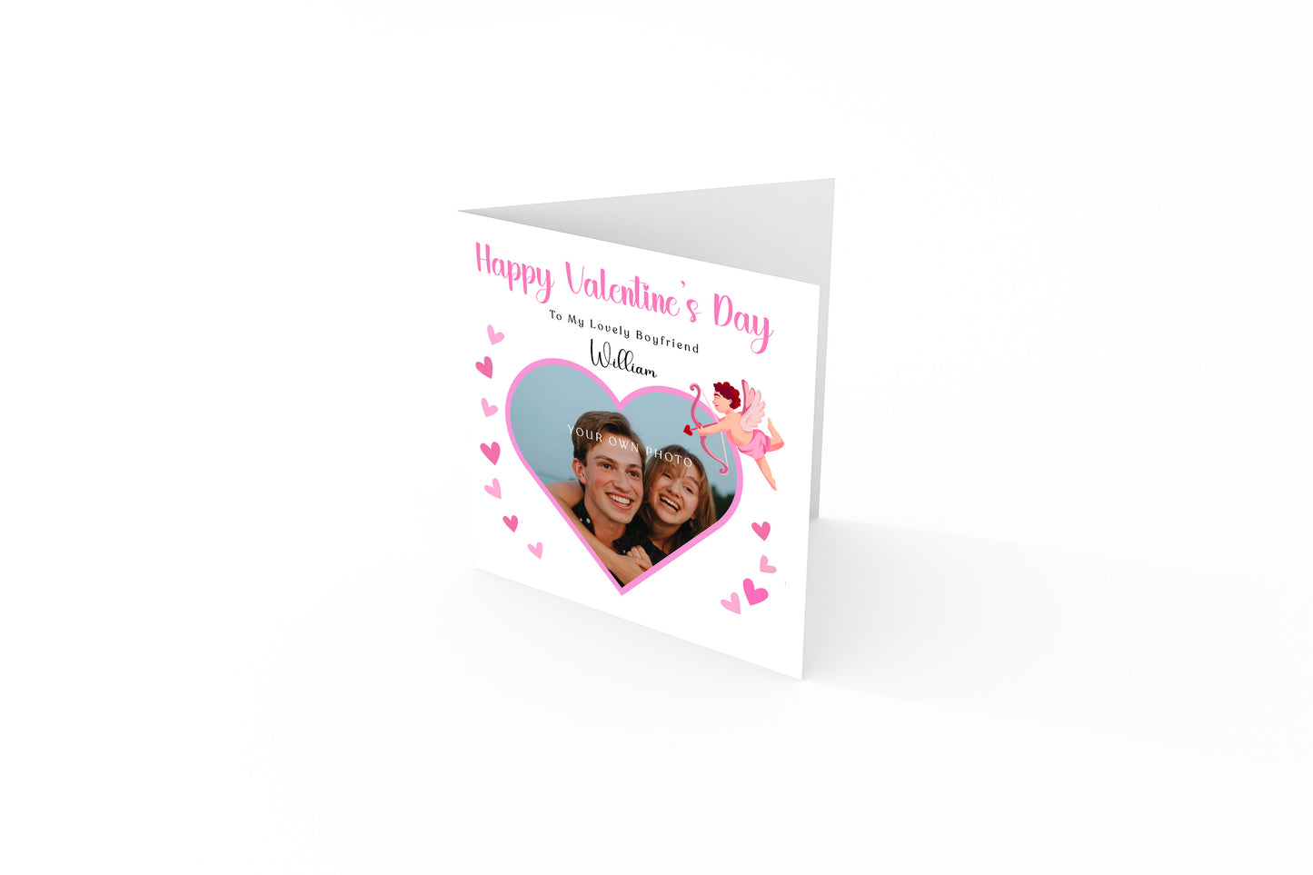 Personalised Photo Valentine’s Day Card for Loved Ones, Wife, Husband, Boyfriend, Girlfriend – Heart with Cupid Design - Custom Message, Photo & Name – Valentine Card for Him or Her with Pink Envelope