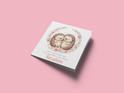 Personalised Happy Valentine’s Day Card with Cute Hedgehog Design for Loved Ones, Wife, Husband, Boyfriend, Girlfriend, Partner etc - Custom Name and Message for Him or Her - Pink Envelope Included