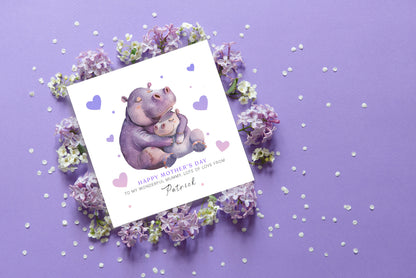 Personalised Happy Mother's Day Card with Custom Name for Her, Mummy, Mama, Mum, Mother to be, Grandma from Children, Son & Daughter – Cute Hippo Mum & Kid  - Purple Envelope Included