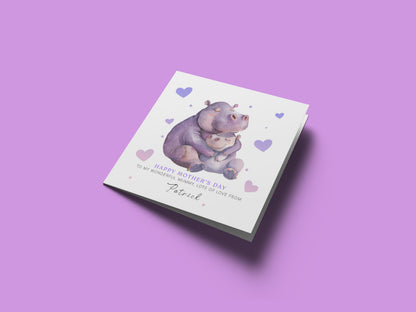 Personalised Happy Mother's Day Card with Custom Name for Her, Mummy, Mama, Mum, Mother to be, Grandma from Children, Son & Daughter – Cute Hippo Mum & Kid  - Purple Envelope Included