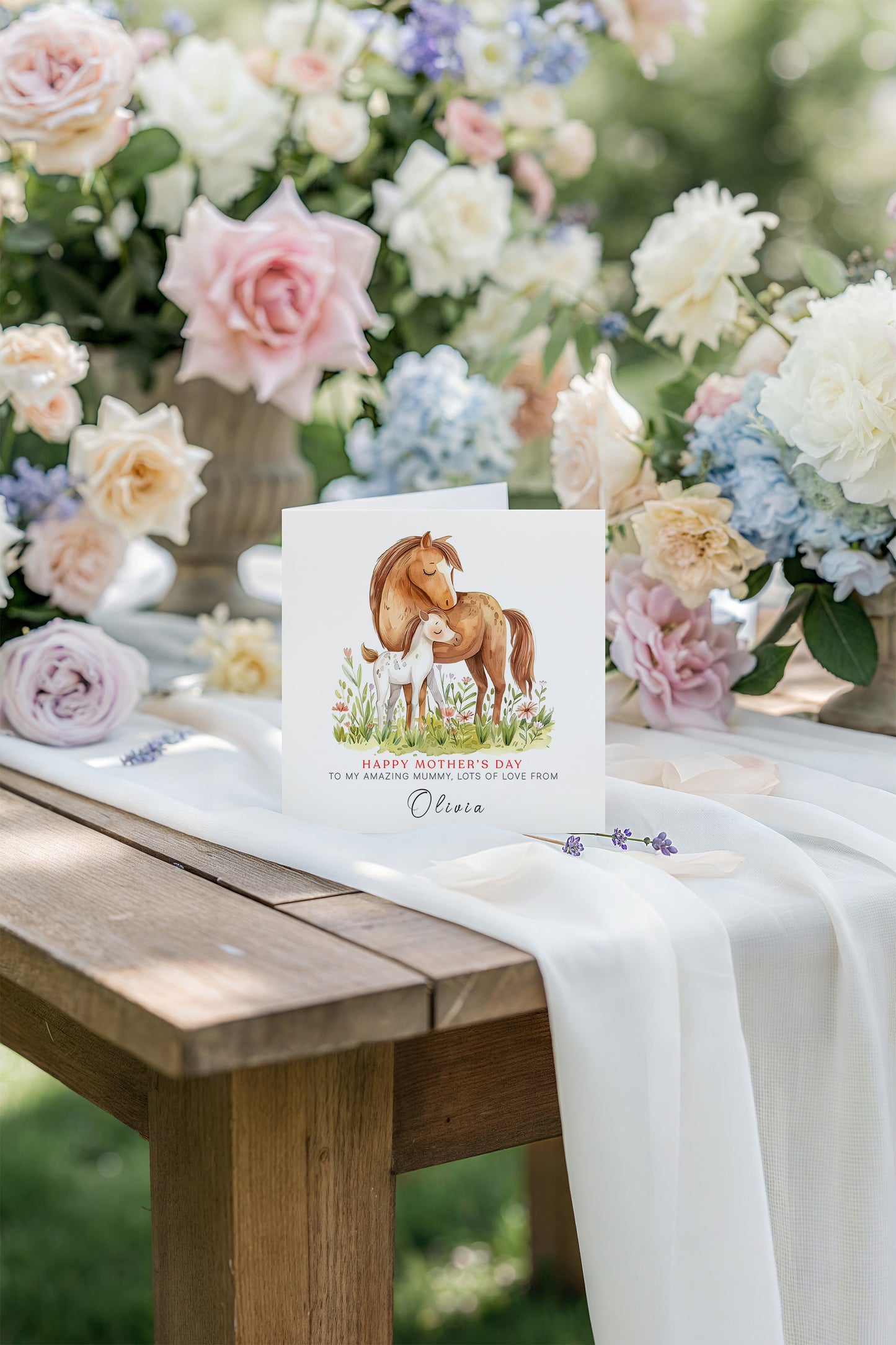 Personalised Happy Mother's Day Card with Custom Name for Mummy, Mama, Mother to be, Step-Mum, Grandma from Children, Son & Daughter – Beautiful Horse Mum & Kid - Pink Envelope Included