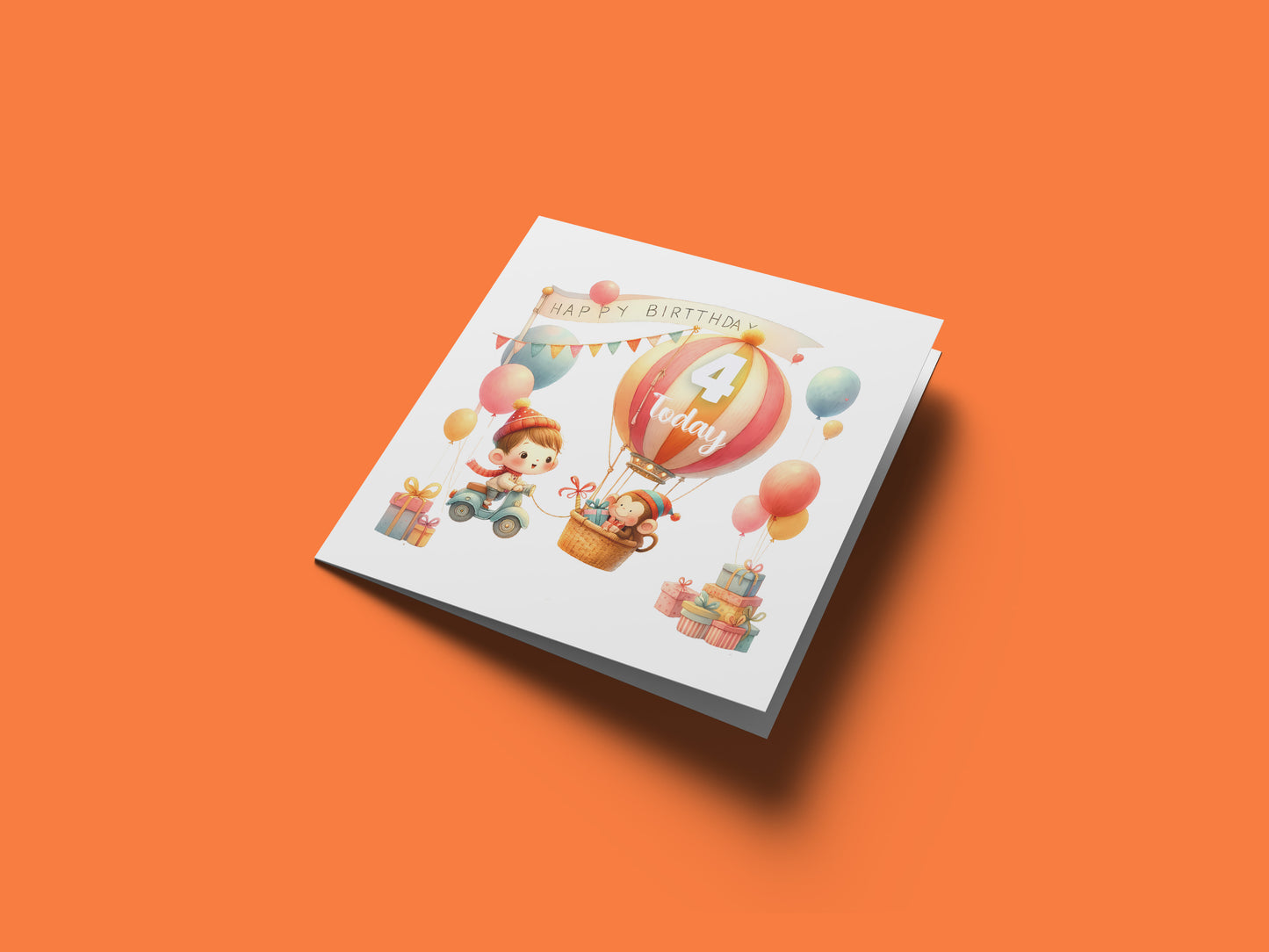 Happy 4th Birthday Card for Boys – Cute Hot Balloon with Monkey Design, Age 4 Years Old Birthday Card for Kids, Children, Boy, Son, Grandson, Nephew – Orange Envelope Included