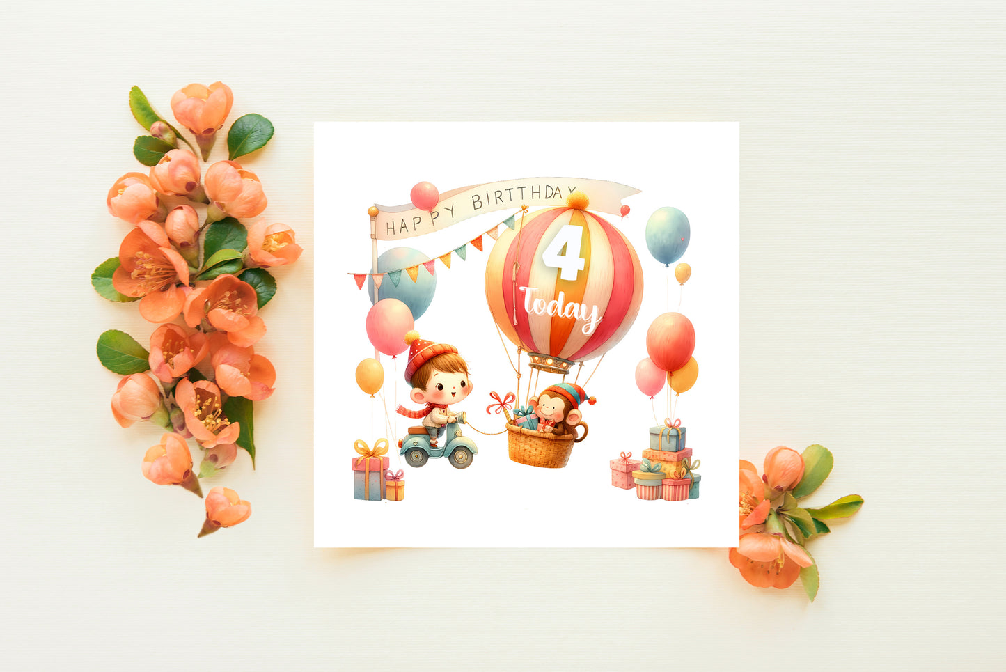 Happy 4th Birthday Card for Boys – Cute Hot Balloon with Monkey Design, Age 4 Years Old Birthday Card for Kids, Children, Boy, Son, Grandson, Nephew – Orange Envelope Included