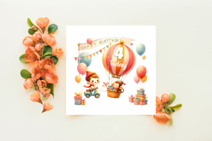 Happy 4th Birthday Card for Boys – Cute Hot Balloon with Monkey Design, Age 4 Years Old Birthday Card for Kids, Children, Boy, Son, Grandson, Nephew – Orange Envelope Included