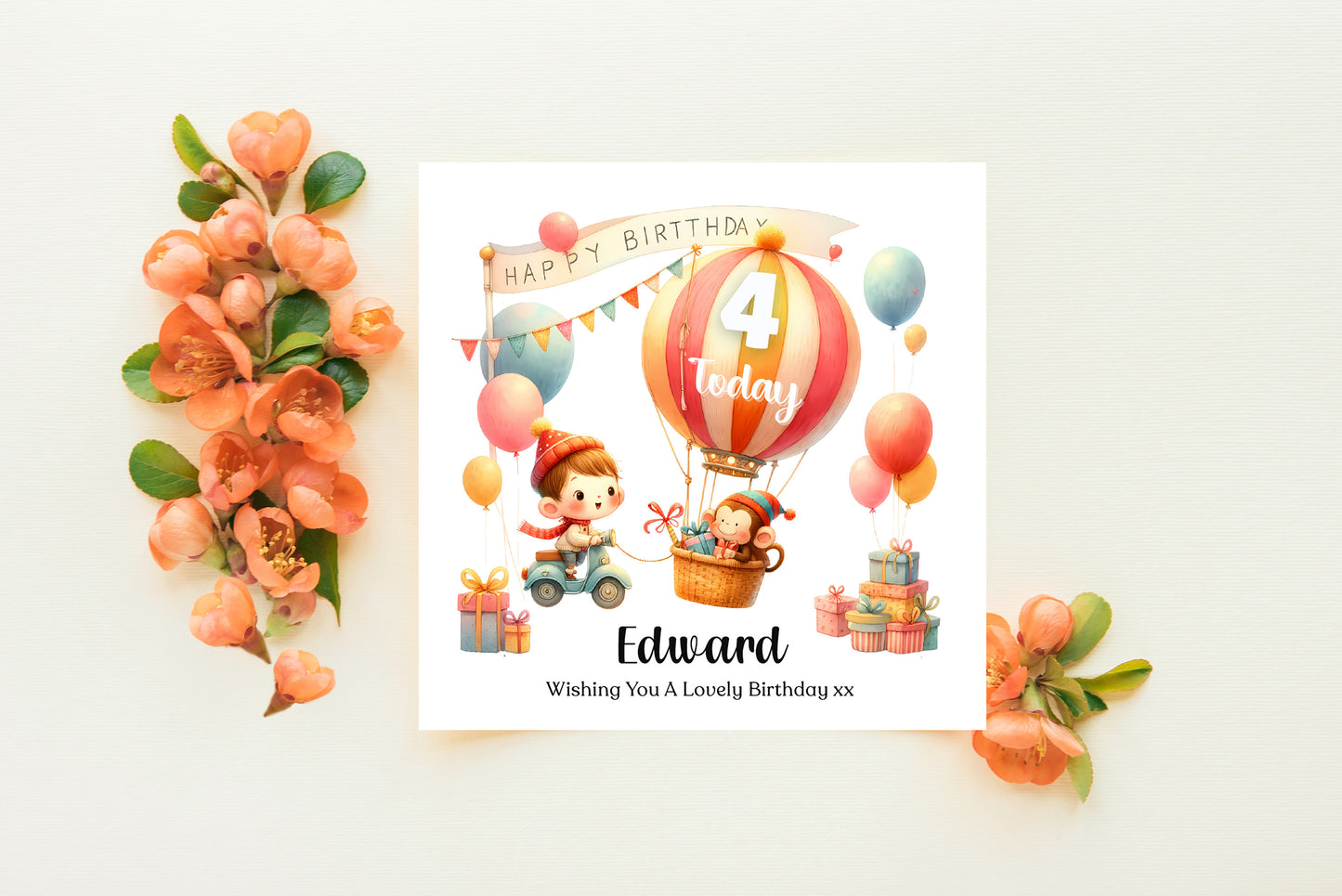 Personalised 4th Birthday Card for Boys – Cute Hot Balloon Design with Custom Name and Message, Age 4 Years Old Birthday Card for Kids, Children, Boy, Son, Grandson, Nephew– Orange Envelope Included