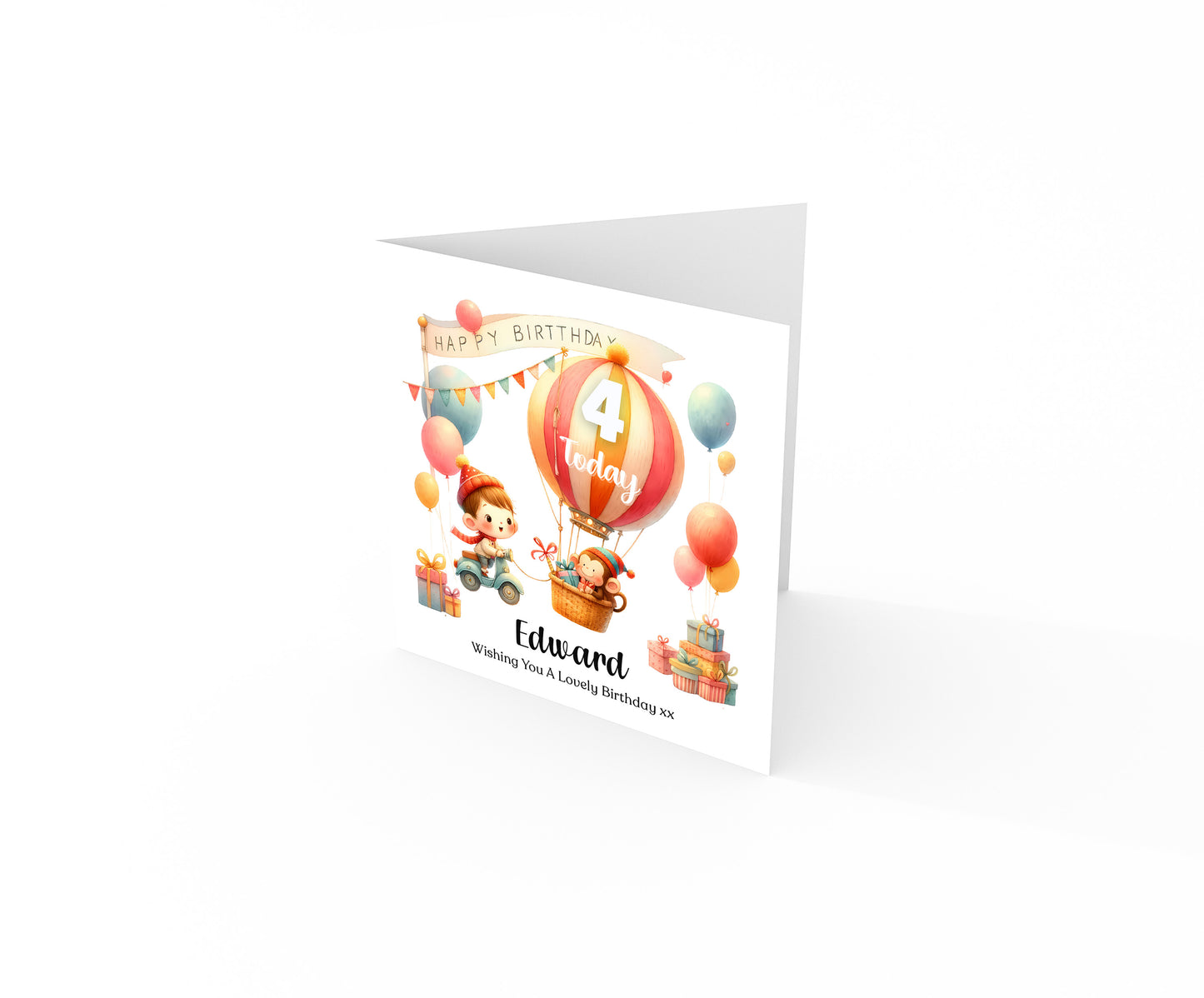 Personalised 4th Birthday Card for Boys – Cute Hot Balloon Design with Custom Name and Message, Age 4 Years Old Birthday Card for Kids, Children, Boy, Son, Grandson, Nephew– Orange Envelope Included