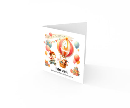 Personalised 4th Birthday Card for Boys – Cute Hot Balloon Design with Custom Name and Message, Age 4 Years Old Birthday Card for Kids, Children, Boy, Son, Grandson, Nephew– Orange Envelope Included