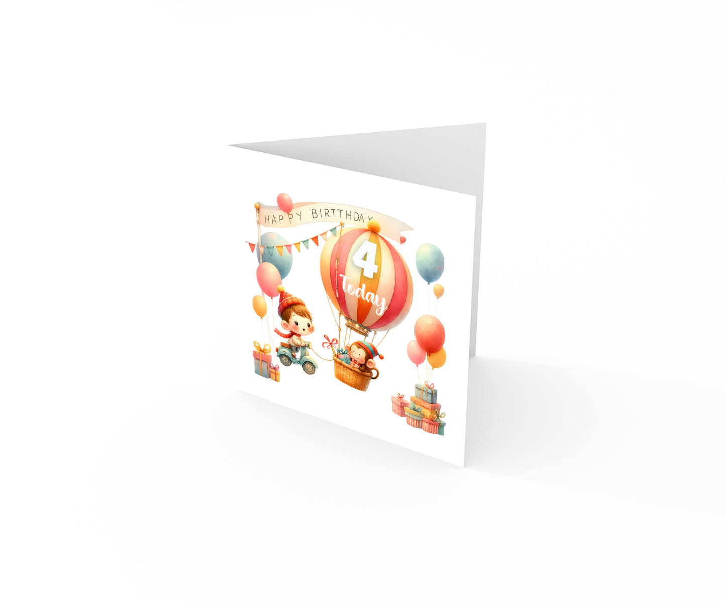 Happy 4th Birthday Card for Boys – Cute Hot Balloon with Monkey Design, Age 4 Years Old Birthday Card for Kids, Children, Boy, Son, Grandson, Nephew – Orange Envelope Included