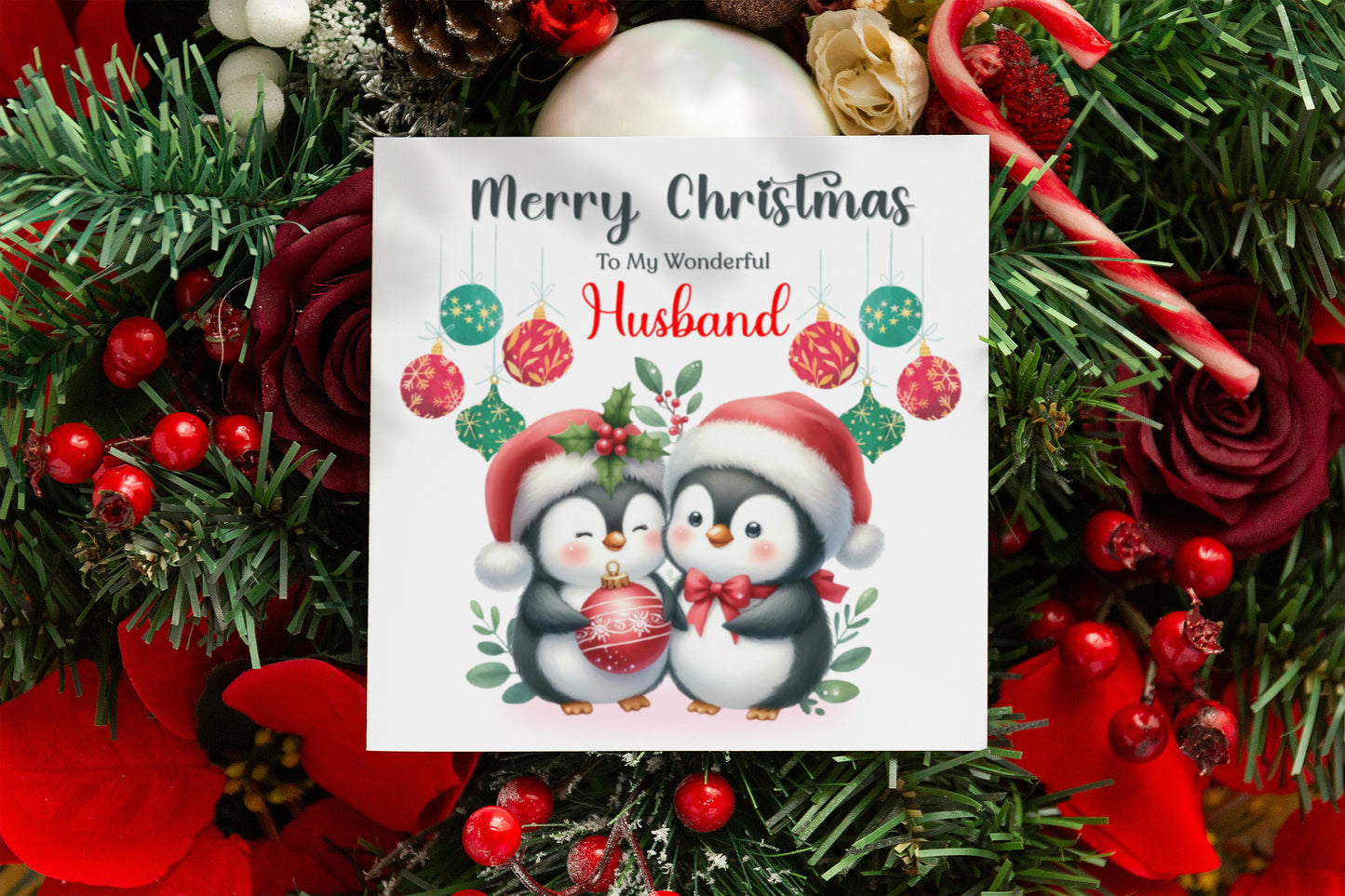 Cute Penguin Couple Merry Christmas Card – Penguins Xmas Card for Him or Her  – 6 Options Available: Boyfriend, Girlfriend, Husband, Wife, Fiancé & Fiancée – Red Envelope Included