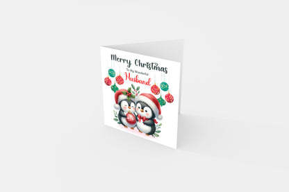 Cute Penguin Couple Merry Christmas Card – Penguins Xmas Card for Him or Her  – 6 Options Available: Boyfriend, Girlfriend, Husband, Wife, Fiancé & Fiancée – Red Envelope Included