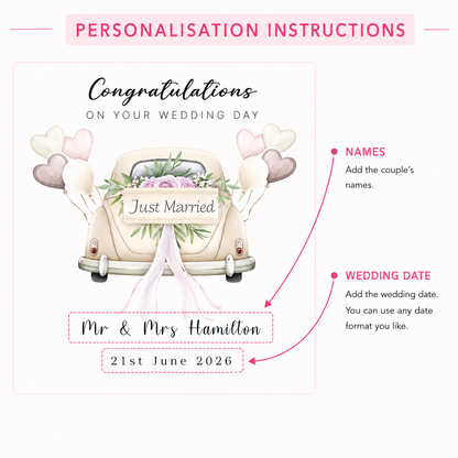 Personalised Wedding Card – Custom Couple's Names or  New Mr & Mrs Surname & Wedding Date – Elegant Wedding Car Design - Wedding Congratulations Card for Newlywed couples - Kraft Envelope Included