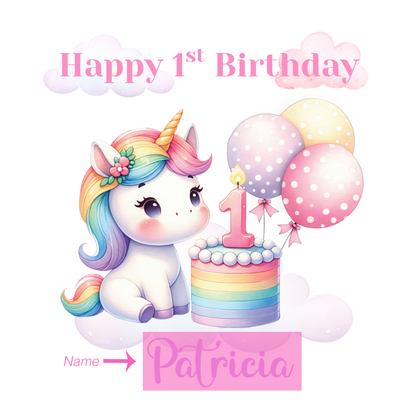 Personalised 1st Birthday Card for Baby Girl – Cute Unicorn Design with Customised Name– One Year Old First Birthday Card for Daughter, Granddaughter, Niece – Pink Envelope Included