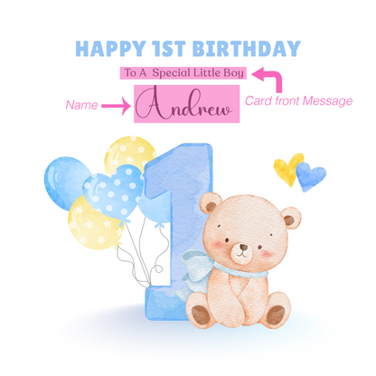Teddy Bear with Ballons -Personalised Watercolour Effect 1 Year Birthday Folded Card for Boys, Custom Name and Message One- Year-Old Happy 1st Birthday Card, Customisable Birthday Card for Children