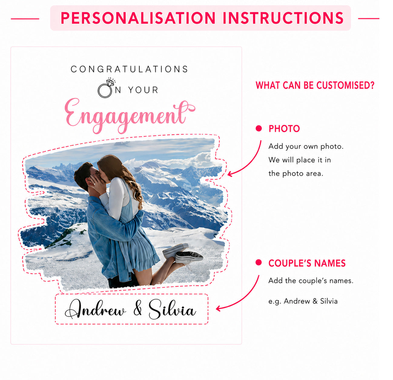 Personalised Photo Engagement Card – Custom Photo & Couple's Names - Brushstroke Photo Frame Design - Congratulations Engagement Card for Newly Engaged Couples - Pink Envelope Included