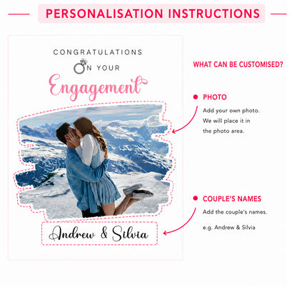 Personalised Photo Engagement Card – Custom Photo & Couple's Names - Brushstroke Photo Frame Design - Congratulations Engagement Card for Newly Engaged Couples - Pink Envelope Included