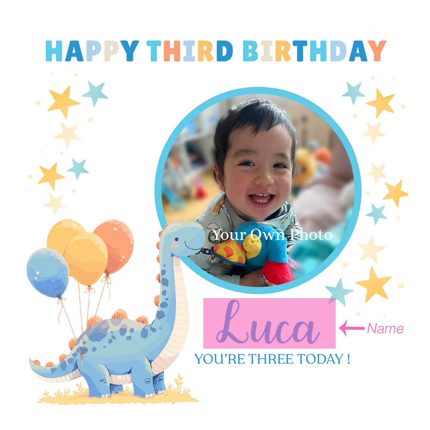 Personalised Photo 3rd Birthday Card for Toddler Boy –  Blue Brontosaurus Dinosaur with Custom Photo and Name, Age 3 Years Old Happy Birthday Card for Son, Grandson, Nephew –  Blue Envelope Included