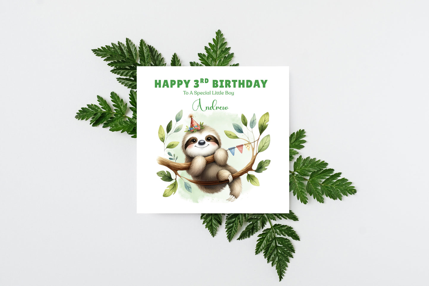 Personalised Age 3 Years Old 3rd Birthday Card for Boys or Girls – Sloth Jungle Animal Design with Custom Name & Message - for Little One, Grandson, Granddaughter, Nephew, Niece with Green Envelope