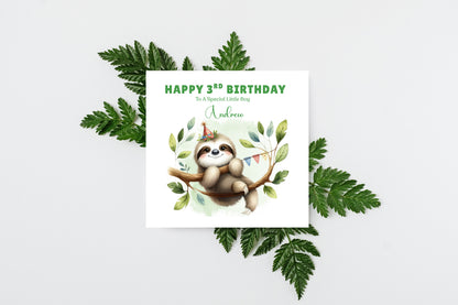 Personalised Age 3 Years Old 3rd Birthday Card for Boys or Girls – Sloth Jungle Animal Design with Custom Name & Message - for Little One, Grandson, Granddaughter, Nephew, Niece with Green Envelope