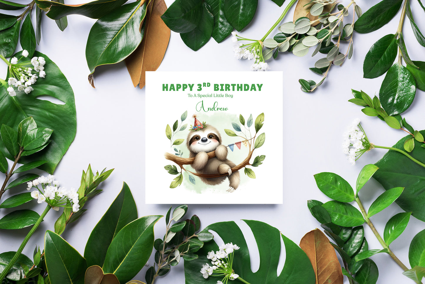 Personalised Age 3 Years Old 3rd Birthday Card for Boys or Girls – Sloth Jungle Animal Design with Custom Name & Message - for Little One, Grandson, Granddaughter, Nephew, Niece with Green Envelope