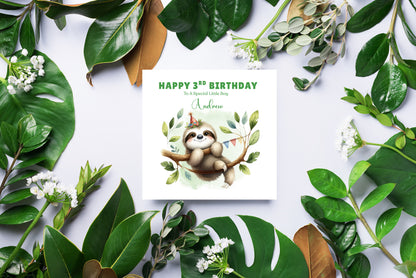 Personalised Age 3 Years Old 3rd Birthday Card for Boys or Girls – Sloth Jungle Animal Design with Custom Name & Message - for Little One, Grandson, Granddaughter, Nephew, Niece with Green Envelope