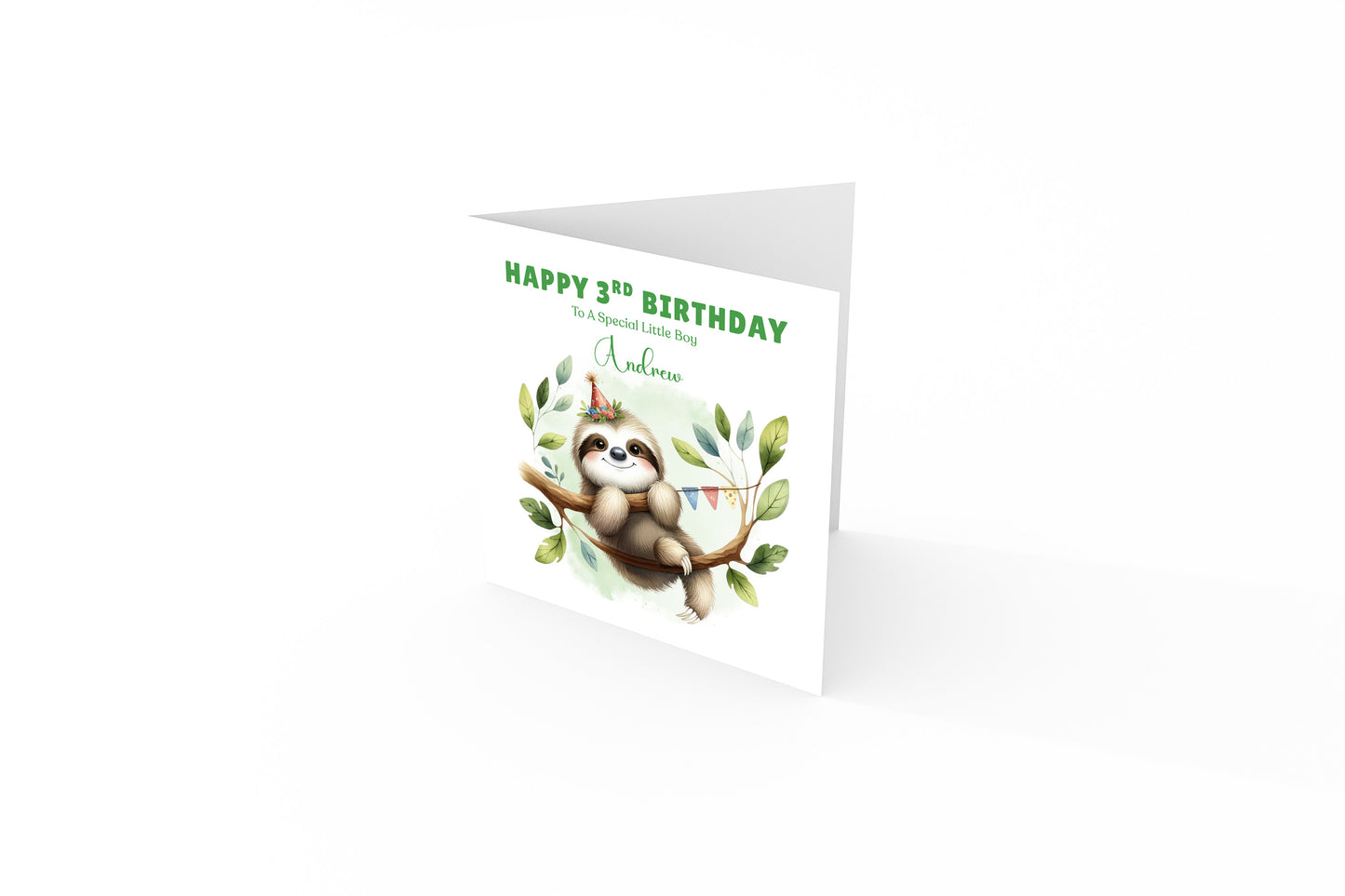 Personalised Age 3 Years Old 3rd Birthday Card for Boys or Girls – Sloth Jungle Animal Design with Custom Name & Message - for Little One, Grandson, Granddaughter, Nephew, Niece with Green Envelope